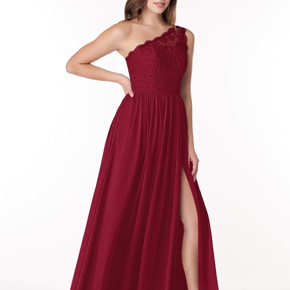 Azazie Demi Burgundy A-Line One Shoulder Chiffon Dress - Picture 4 of 9